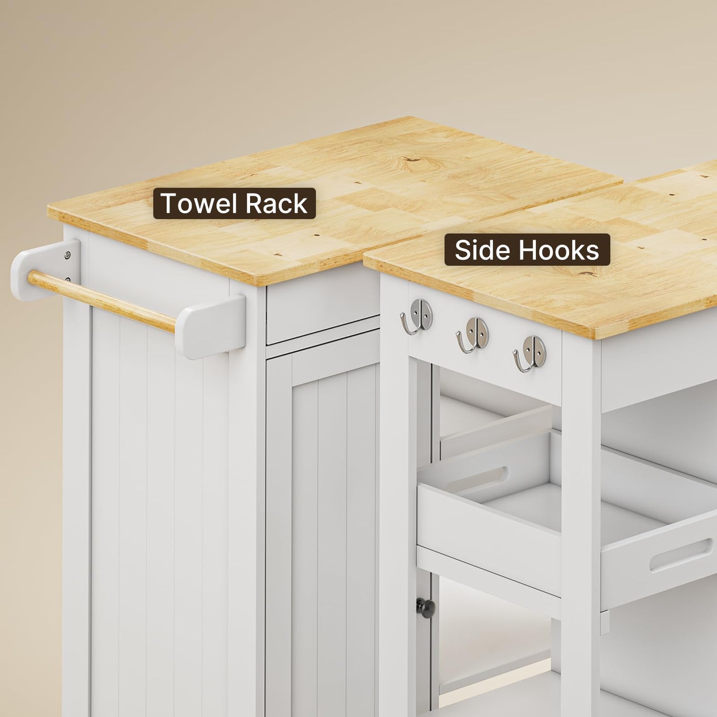 Gizoon Kitchen Island Cart with Removable Tray, 27.6''W Rolling Utility Trolley Cart with Drawer, Cabinet, Towel Rack, Hooks and 3 Open Storage Shelves, Mobile Storage Cart for Dining Room, Bar, White