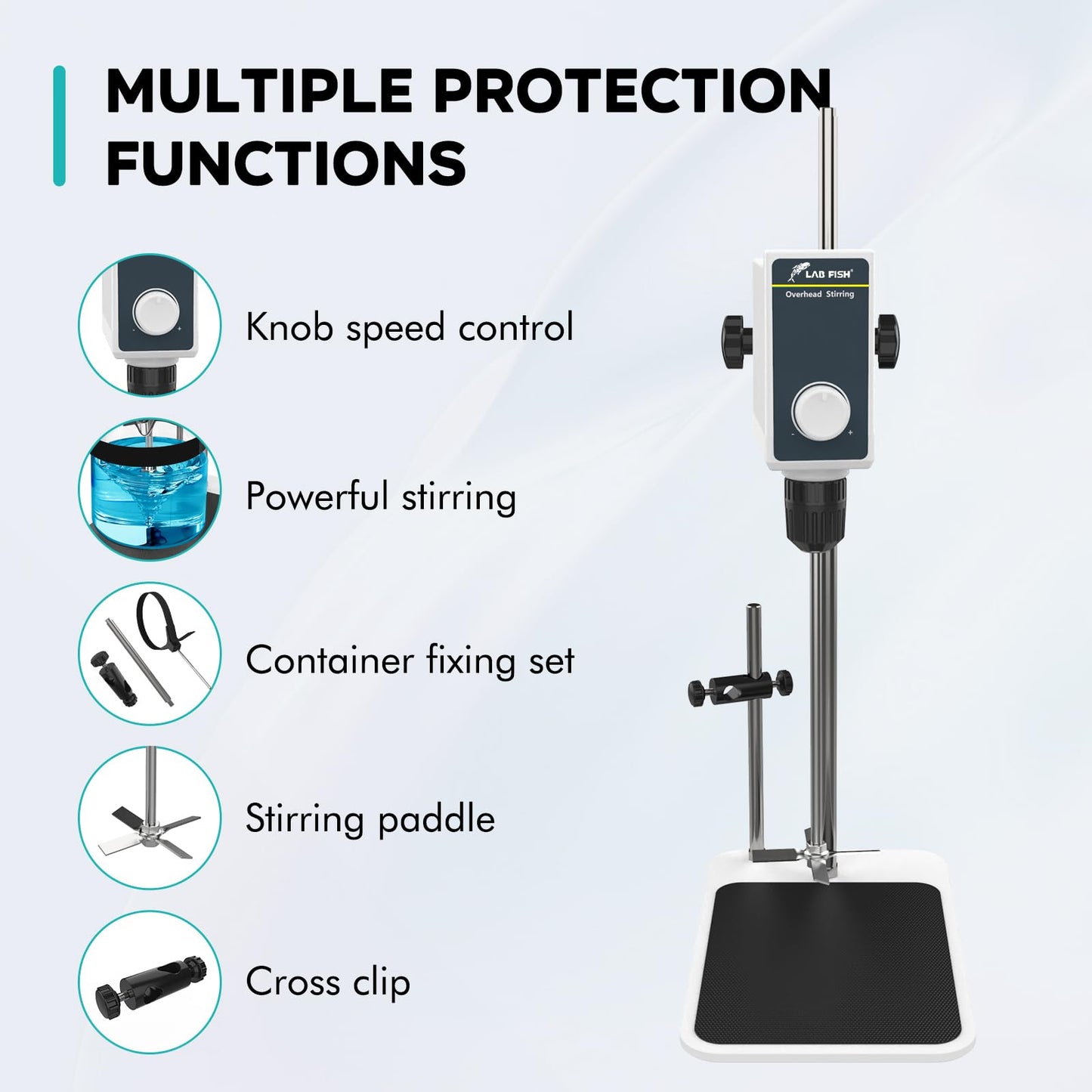 LAB FISH Laboratory Overhead Stirrer Lab Stirrer | Stirring Rod and Stainless Steel Stand | Mixer Adjustable Speed 100-1000RPM Capacity 10L 10000 mPas AC 100-240V
