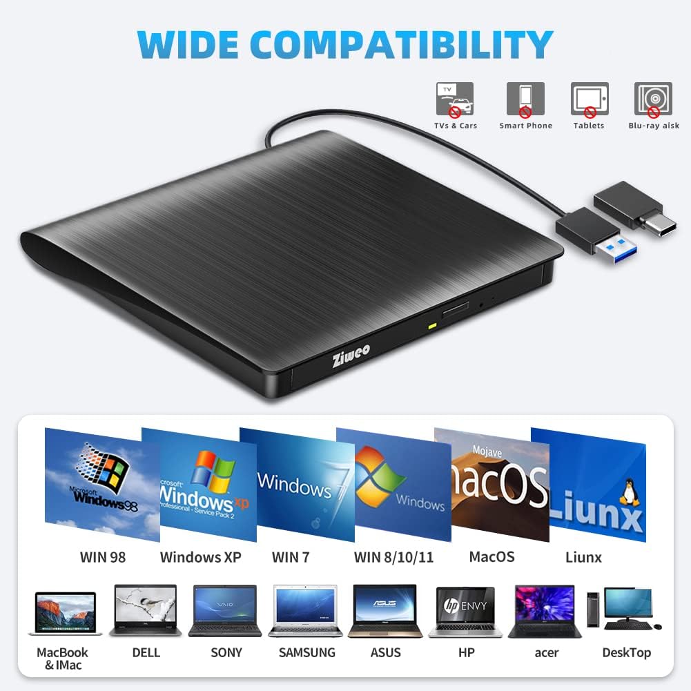 Ziweo 3.0 External USB Type-C CD DVD +/-RW Drive - Portable CD ROM Reader & DVD Burner with Protective Carrying Case