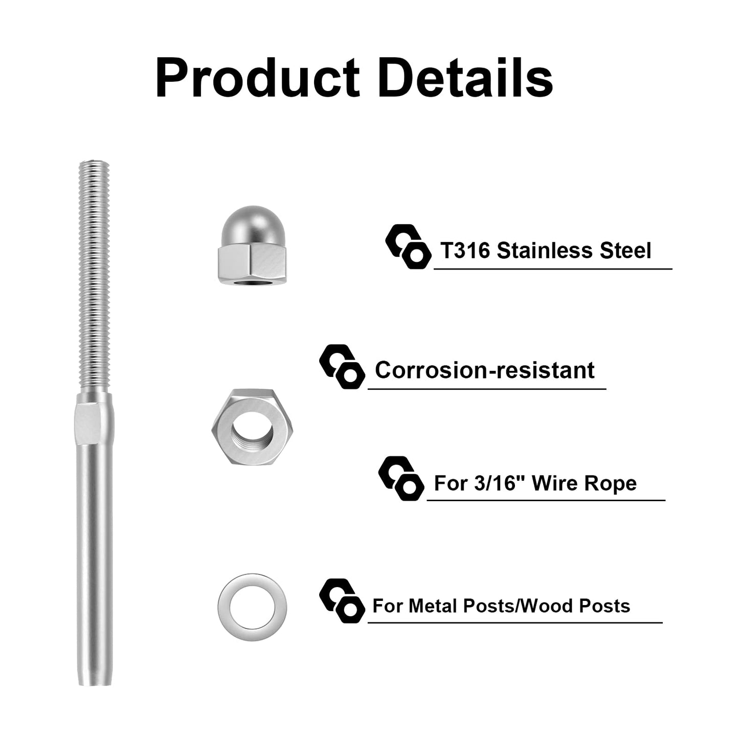 BLIKA 100 Pack 3/16" Cable Railing Swage Threaded Stud Tension End Fitting Terminal for 3/16" Cable Deck Railing Hand Swage T316 Stainless Steel Marine Grade, Swages Threaded Terminal