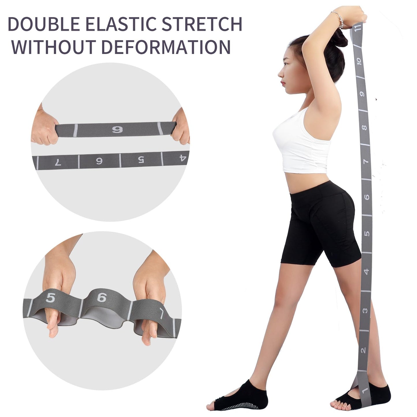 Elastic Stretching Strap with 11 Loops, Adjustable Yoga Strap for Stretching, Physical Therapy, Pilates, Dance, Ballet, Hamstring Stretcher – Non-Slip Fabric Stretch Band for Home Flexibility Workout(Grey)