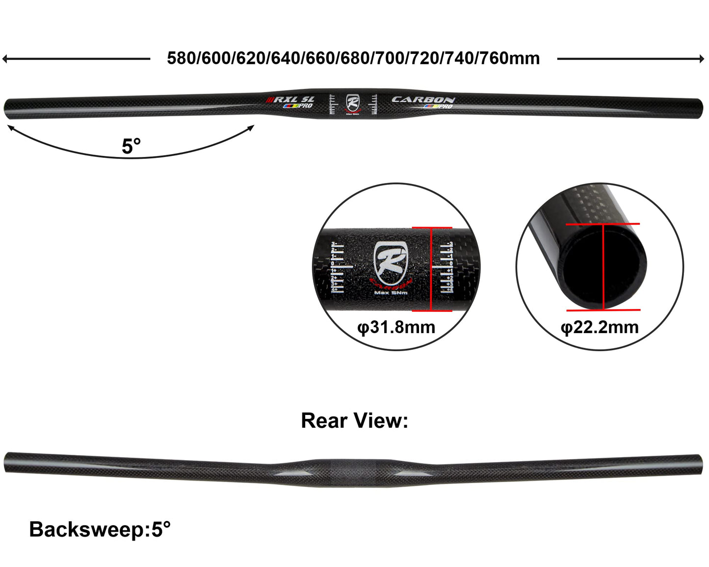 31.8 Handlebar, Mountain Bike Handlebars, Carbon MTB Handlebars, 3K Glossy Flat Handlebar Straight Mountain Bike Bars, Lightweight Wide Carbon MTB Bars For MTB Downhill Scooter City Bike