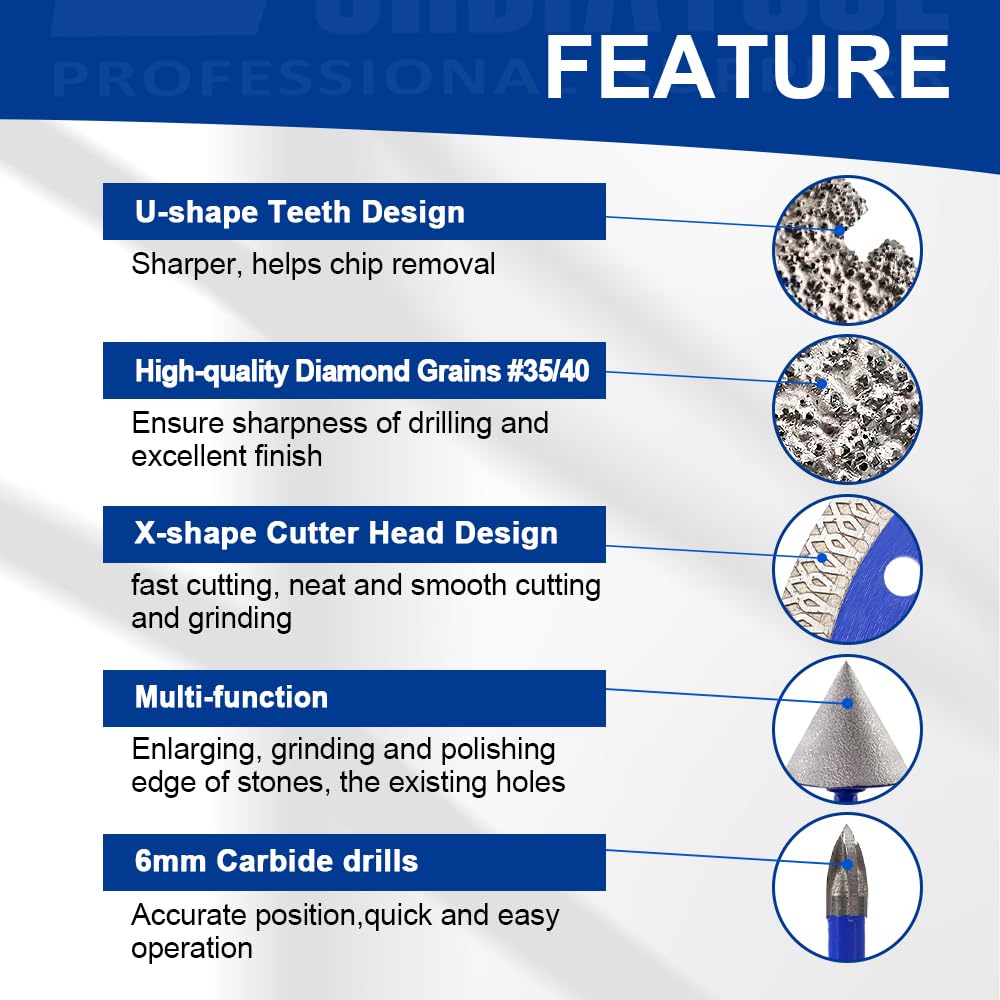 SHDIATOOL Diamond Tile Drill Bits Kit 13pcs, Porcelain Hole Saw Sets, Core Bits Cutter for Drilling Ceramic Marble Granite (6/6/8/20/25/35/50/75/100/20MM/2/6MM/4.5“)