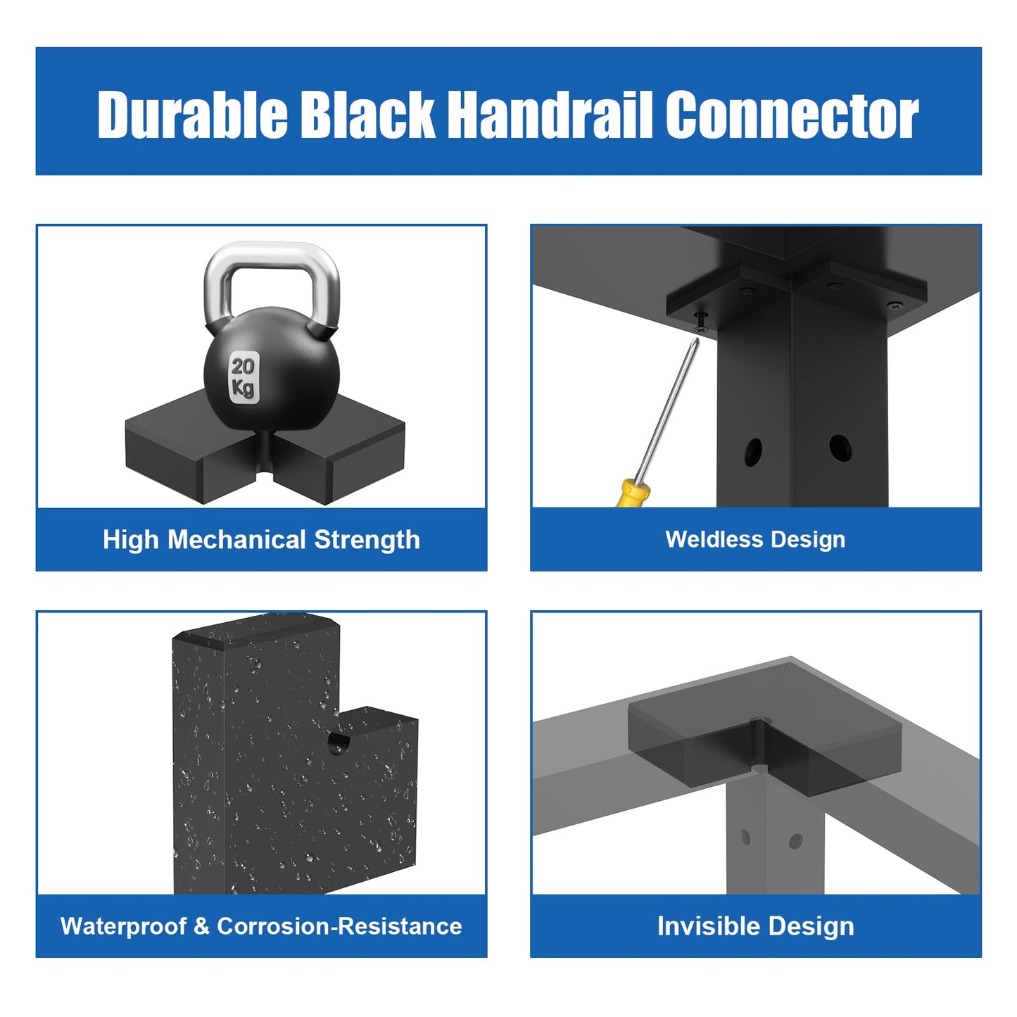 BLIKA Black 90 Flat Handrail Corner Connectors with Screws, POM Material, Polished Finish, for Cable Railing Handrails