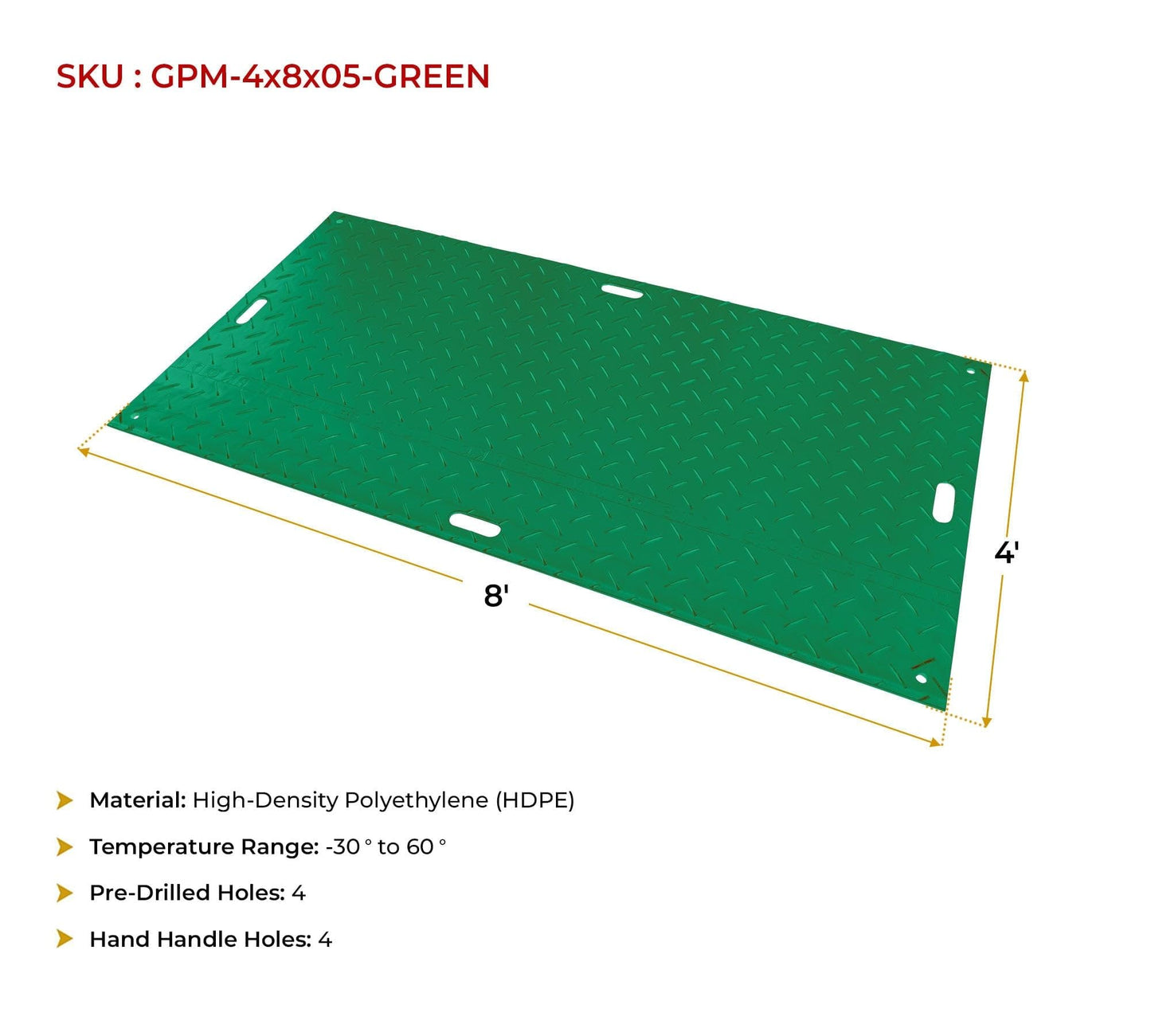 Mytee Products 12 Pk 4' x 8' - 1/2" Thick Heavy Duty Green Ground Protection Mats with Diamond Plated Tread - Easily Supports 120 Ton Loads - HDPE Construction Mat for Equipment Lawns Landscapers