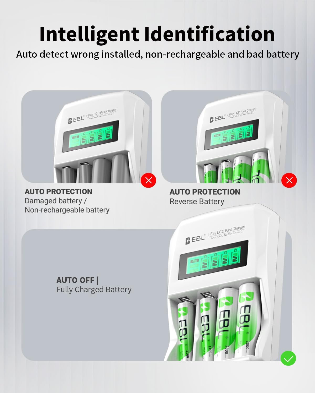 EBL 907 LCD Battery Charger Smart Individual AA AAA Rechargeable Battery Charger for Ni-MH Ni-CD Rechargeable Batteries