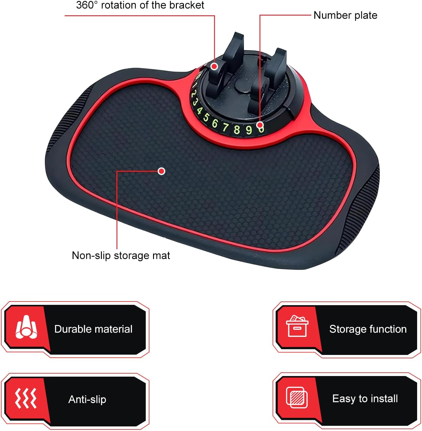 Cuymoap Multifunction Car Anti-slip Mat, Storage Pad & Rotatable Phone Holder & Parking Number Plate, Large Organizer