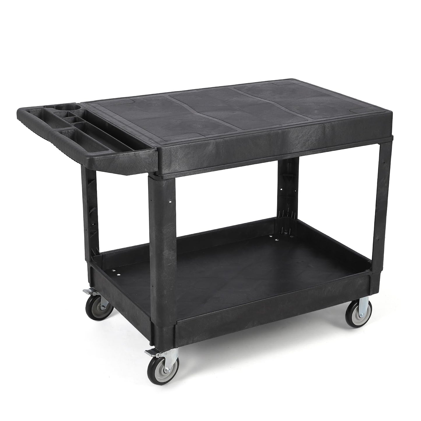 Large Heavy Duty Plastic Utility Service Cart Flat top 45.8 x 25 Inch, Work Cart Flat Shelves Holds up to 550 lbs - 2 Tier Service Cart with 360°Swivel Wheels (2 with Brakes) Black