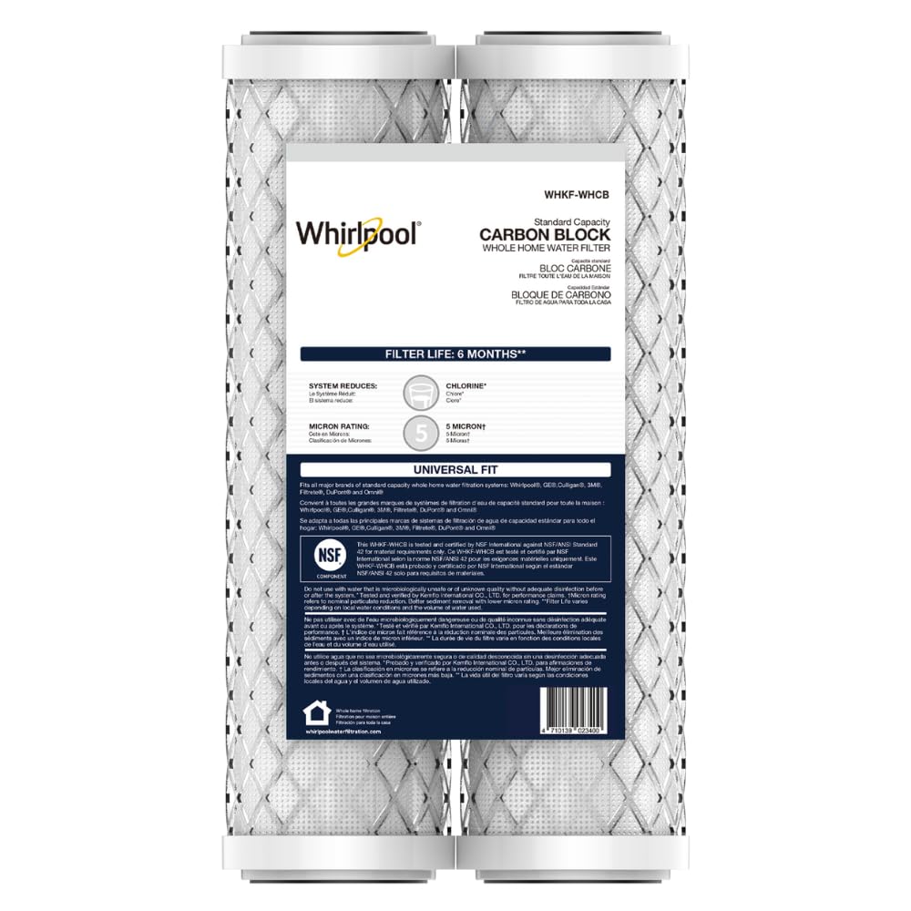 Whirlpool 10" x 2.5" Carbon Block Water Filter WHKF-WHCB, NSF Certified 5 Micron Reduces Chlorine and Sediment, 6-Month Life, CTO Replacement Cartridge Fits Home Filter Housing, Reverse Osmosis System