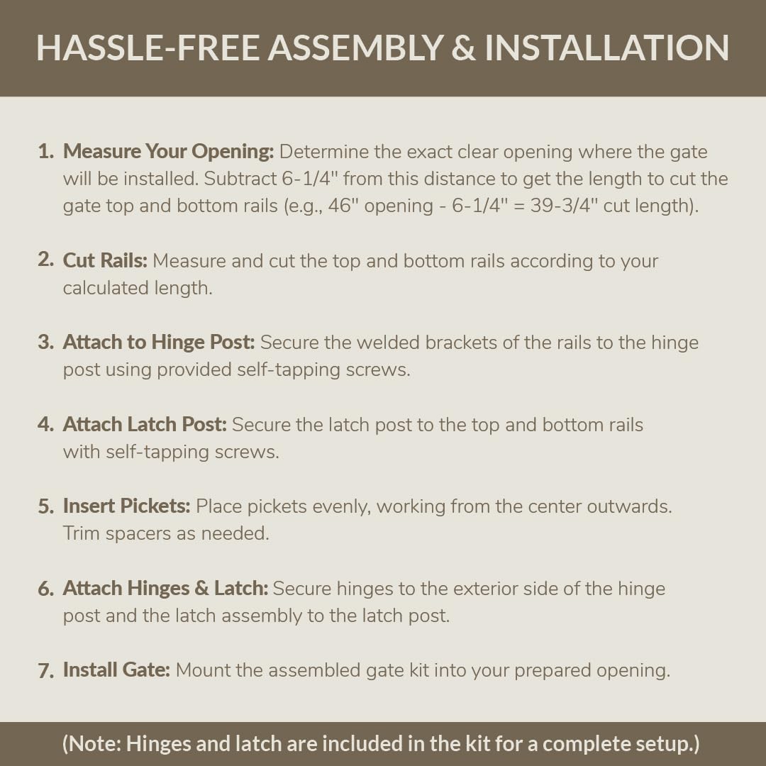 Gate Kit (3/4" pickets, White) Aluminum Deck Gate Kit - Build-to-Fit Hardware-Mounted Gate for Deck/Patio – Fits Openings Up to 48" Wide – Hinges & Latch Included (42" H)