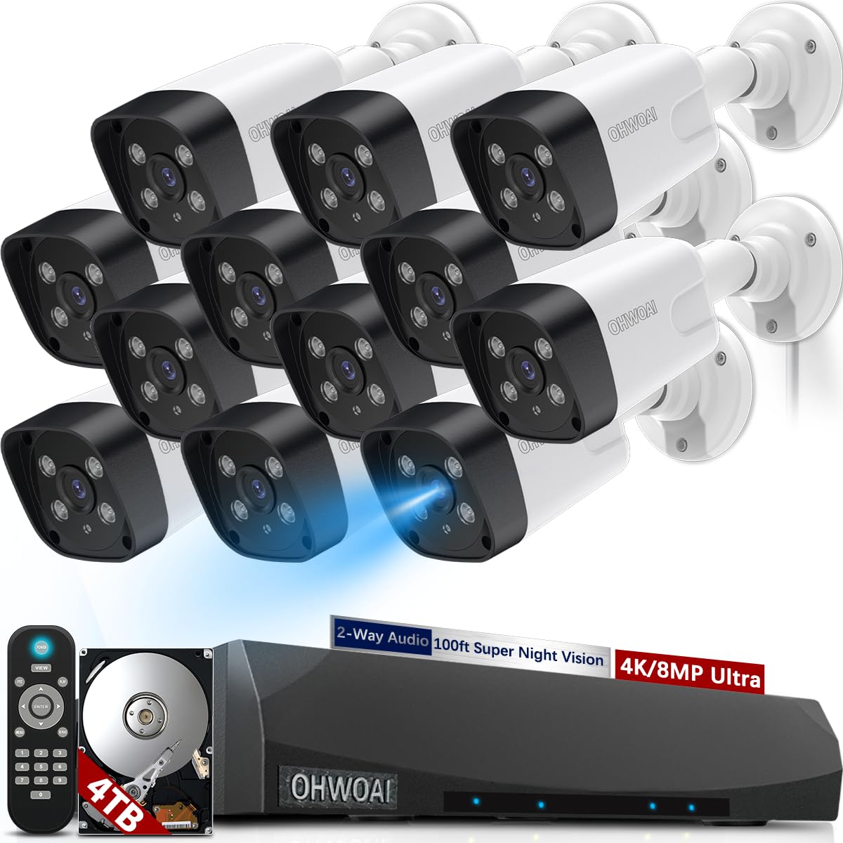 《130°Wide Angle-Lens & Dual Power Mode》Outdoor CCTV Security Camera System with 2-Way Audio,8.0MP IP Wired Security Cameras,Home Surveillance Video Equipment with 4K NVR