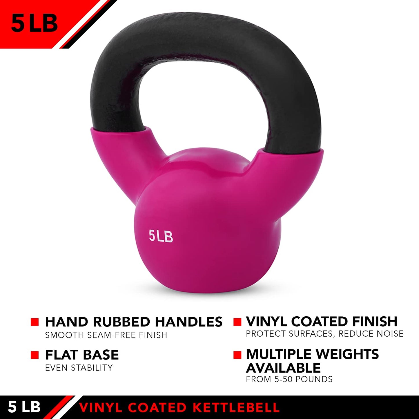 JFIT Vinyl-Coated Cast Iron Kettlebell Weight – Flat Bottom Kettlebell for Strength Training, Cross Training & Home Gym Workouts, 5LB-Hot Pink