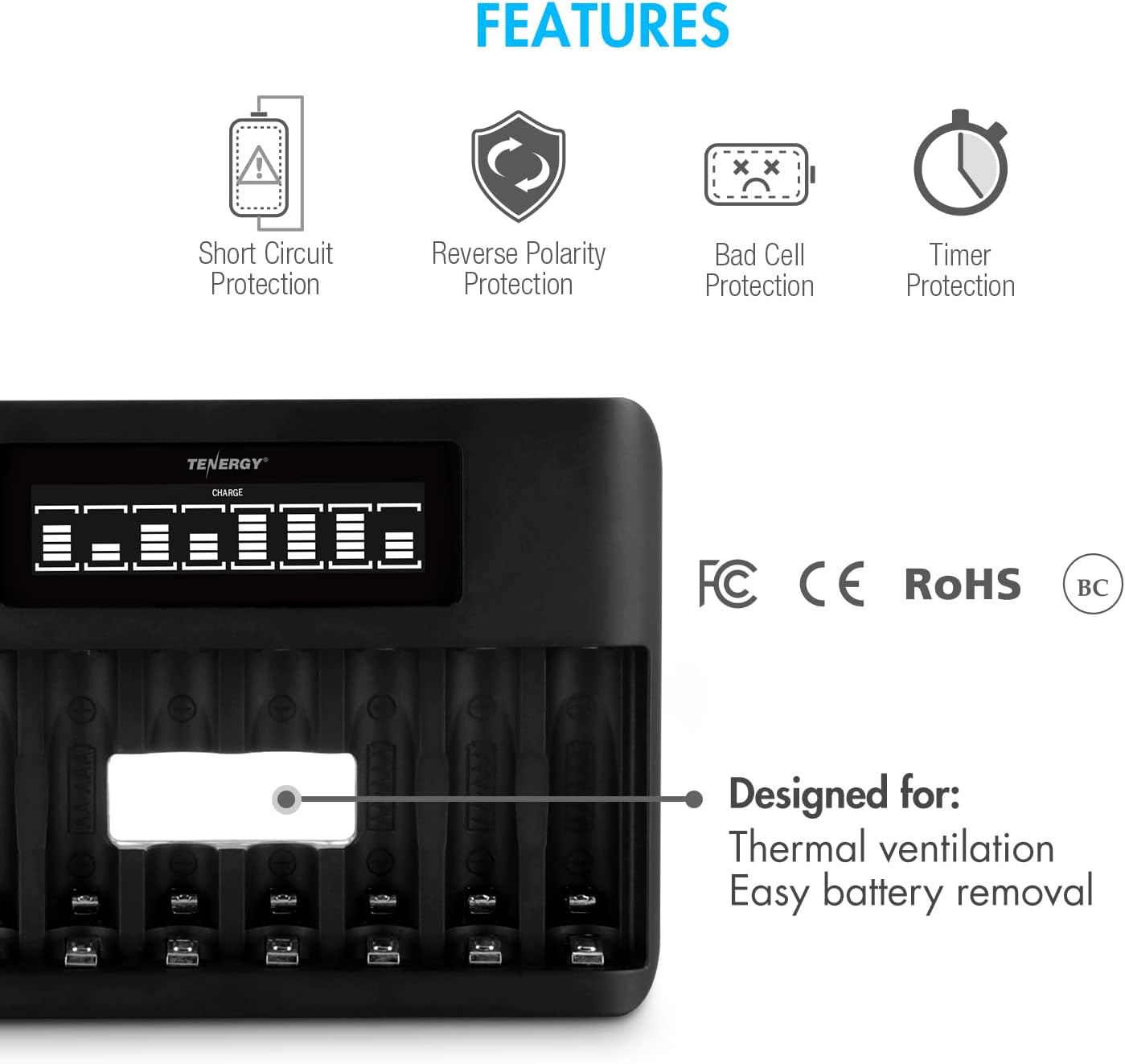 Tenergy TN480U 8-Bay LCD Display Fast Charger for NiMH/NiCD AA AAA Rechargeable Batteries with Mirco USB and USB Type C