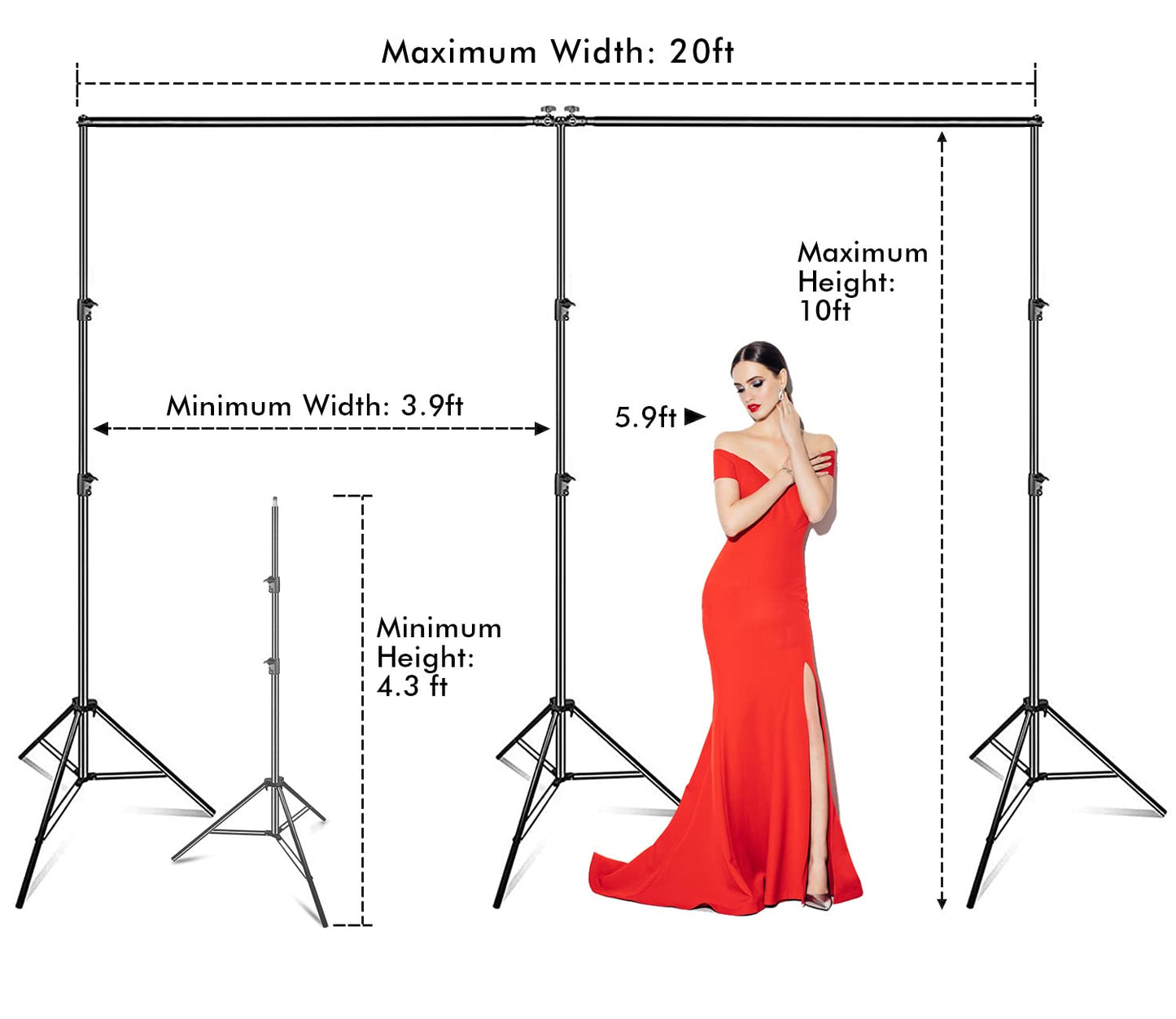 SLOW DOLPHIN Photo Video Studio 20ft (Wide) x 10ft (Tall) Heavy Duty Adjustable Width & Length Photography Backdrop Stand Background Support System Kit with Spring Clamps, Backdrop Clips, Carry Bag