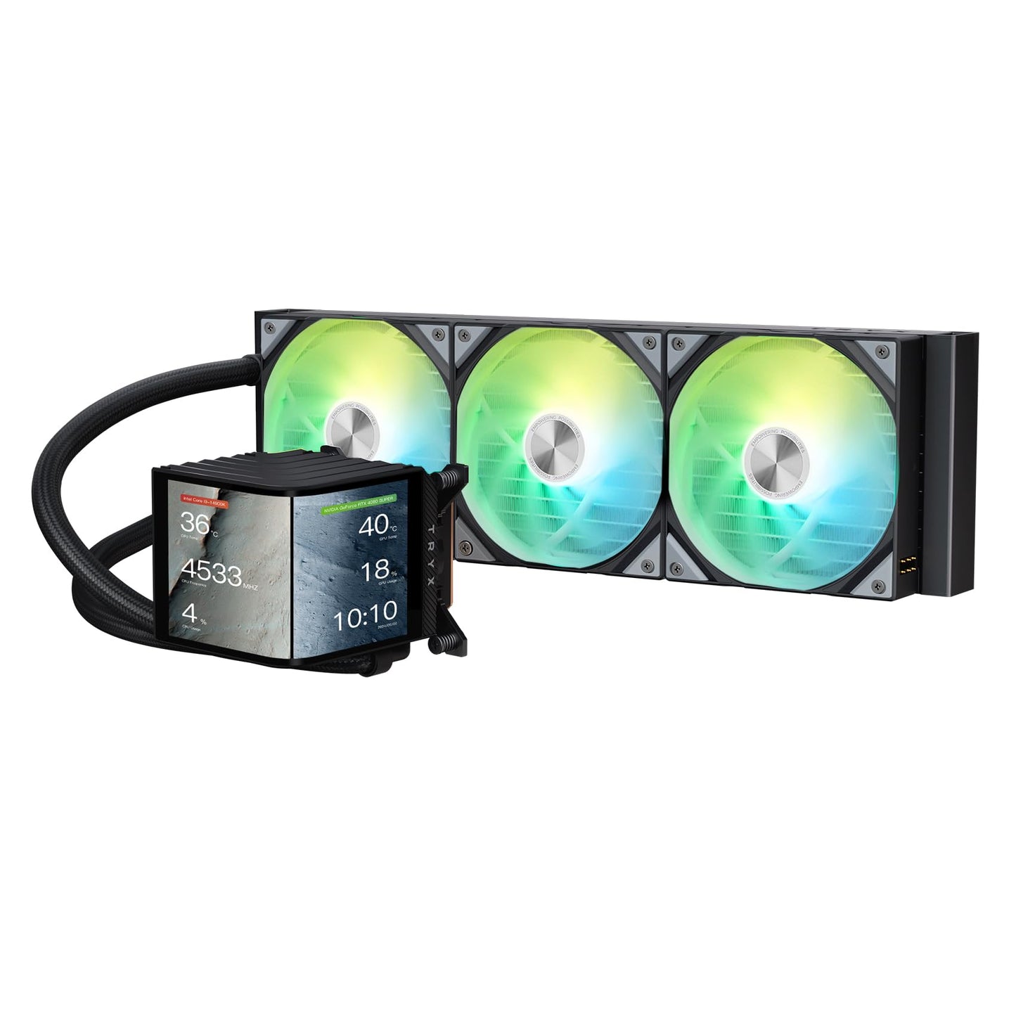 TRYX Panorama 360 ARGB 360mm AIO 6.67'' AMOLED Curved Screen 3D Anamorphic Effect Display Customizable AIO Cooler 360mm Asetek 8th Gen V2 320w TDP Pogo-Pin ARGB Fan Intel LGA 1851/1700 AMD AM5/AM4