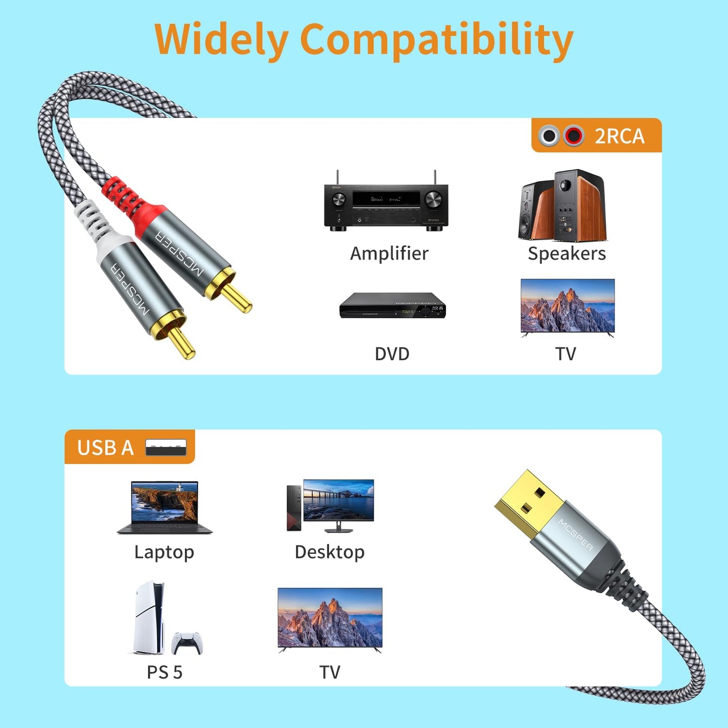 MCSPER (6.6FT), 2.0 2 USB to RCA Audio Cable USB Male to RCA Male Stereo Audio Cable Converter, Nylon Braided USB