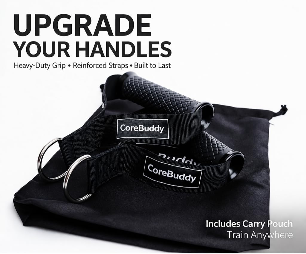 CoreBuddy Resistance Band Handles (2 Pack) – Heavy Duty Gym Cable Handles, D-Ring Attachment for Bands & Cable Machines, Non-Slip Grip, Reinforced Nylon Straps, Carry Pouch Included