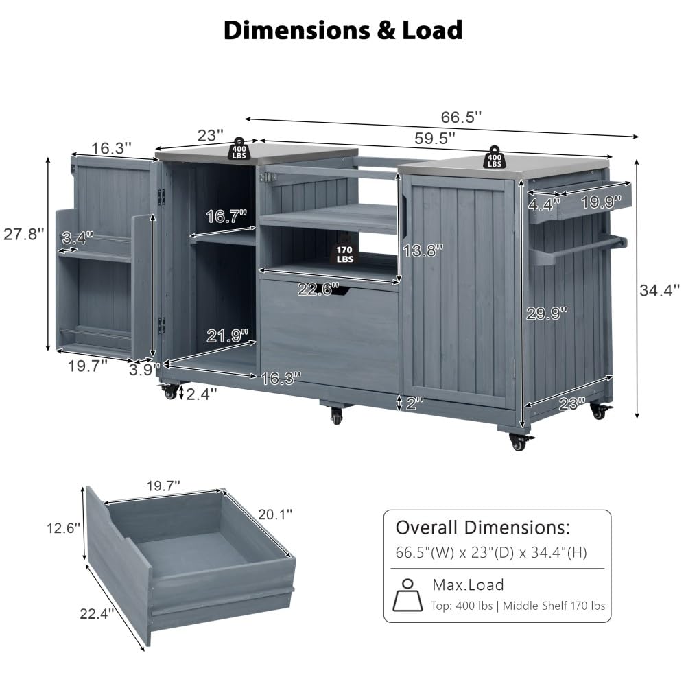DFCHLDA 66.5" Outdoor Kitchen Island with Stainless Steel Top, Rolling Grill Cart with Adjustable Shelves, Lockable Wheels, Outdoor Table and Bar Storage Cabinet for Patio(Grey+Blue)