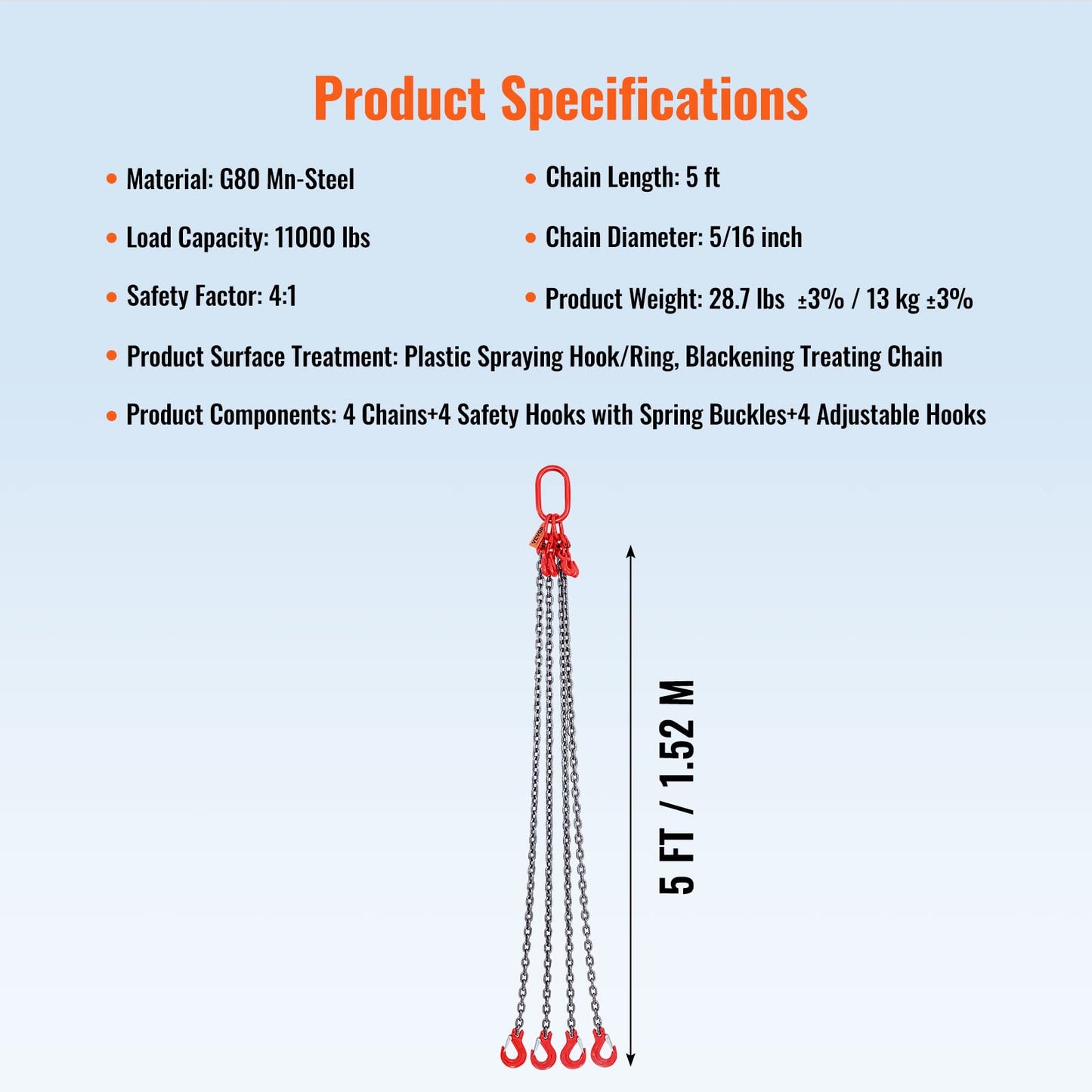 VEVOR Chain Sling, 5/16 Inch X 5 Ft Lifting Chains with Hooks, G80 Engine Chain Hoist Lifts, 11000LBS Lifting Sling Chains for Engine Hoist, Engine Lift Chain 5T with 4 Leg Grab Hooks and Adjusters