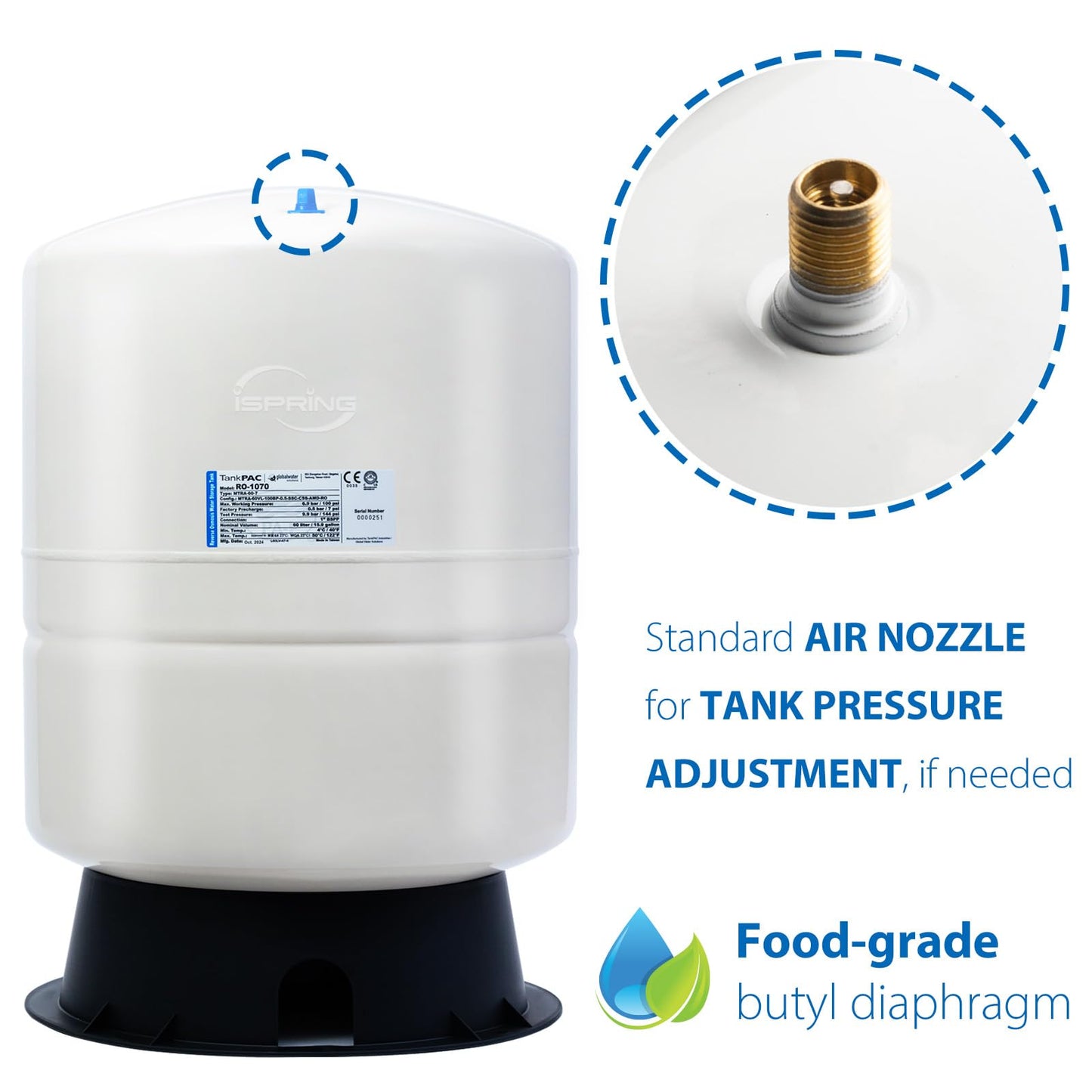 iSpring T11M 11 Gallon Pre-Pressurized Water Storage Reverse Osmosis Systems ro Tank, White