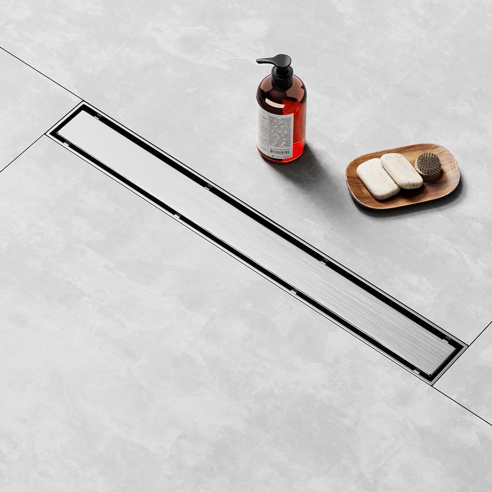 LISEEGO Linear Shower Drain 54 Inch, Brushed AISI 304 Stainless Steel Shower Drain with 2-in-1 Tile Insert Panel, for Bathroom, Kitchen, Garage & More