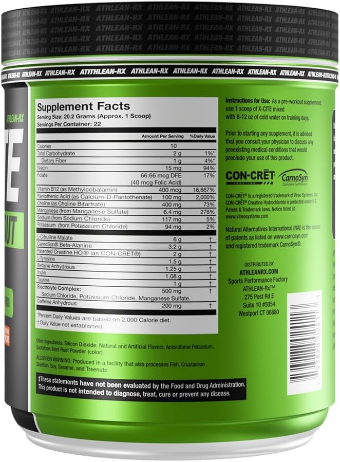 X-CITE Pre-Workout by ATHLEAN-X - Enhanced Formula with Beta-Alanine, Creatine & Caffeine for Ultimate Energy, Endurance, Focus & Muscle Pump, NSF Certified for Sports (22 Servings, Rocket Pop)