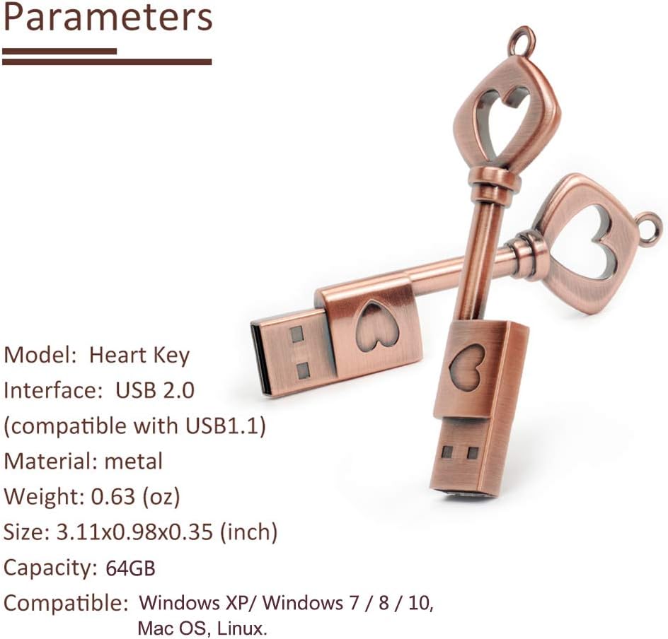BORLTER CLAMP 64GB BorlterClamp USB Flash Drive Cute Memory Stick Heart Key Shaped Thumb Drive with Gift Box