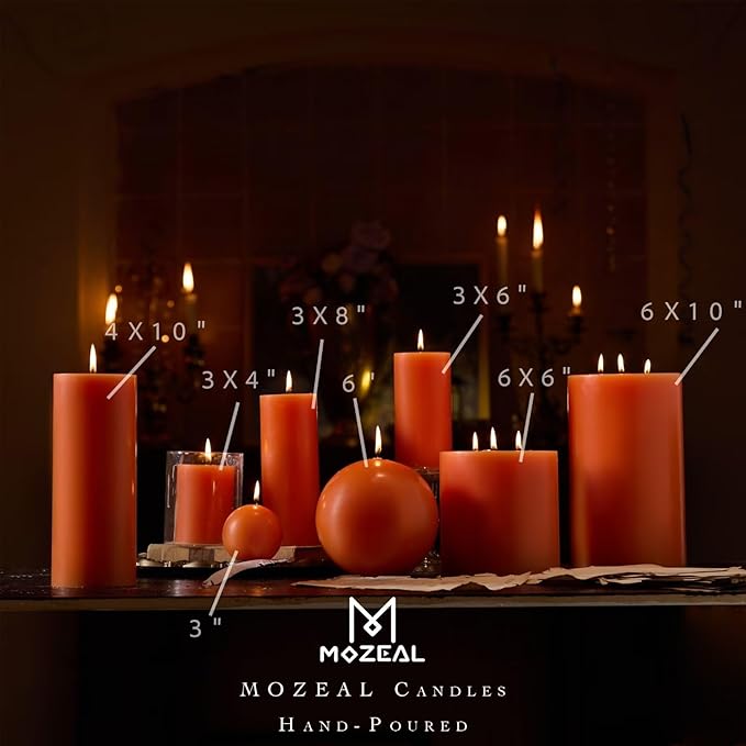 MOZEAL 4" x 12" Extra-Large Orange Pillar Candles (Set of 2), Unscented,Dripless, Smokeless,Long Clean-Burning,These Tall 12 inch Large Orange Pillar Candles Perfect for Halloween and Fall Decor