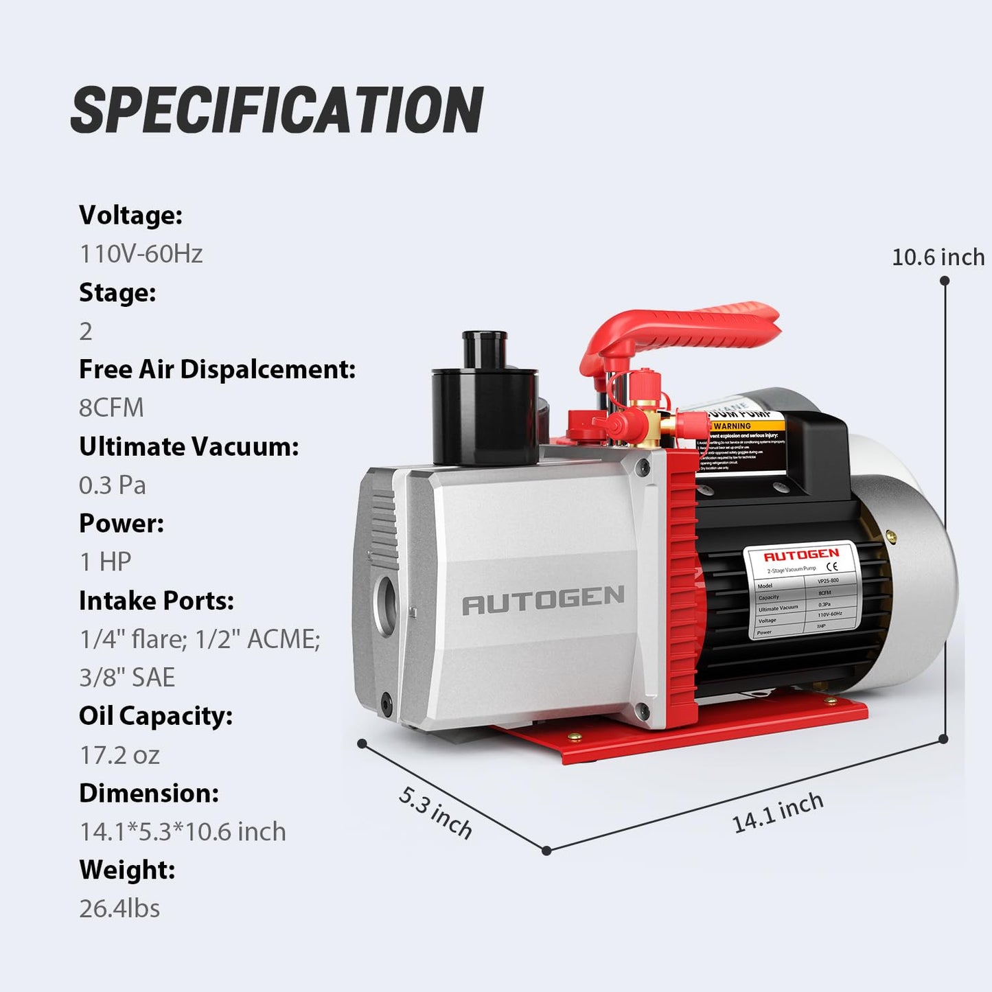 2-Stage 8CFM Vacuum Pump, 1HP 2.25 Micron 110V Air for R12 R22 R134a R410a, Rotary Vane for HVAC/AUTO AC Refrigerant Recharging, Degassing Wine, Milking Cow