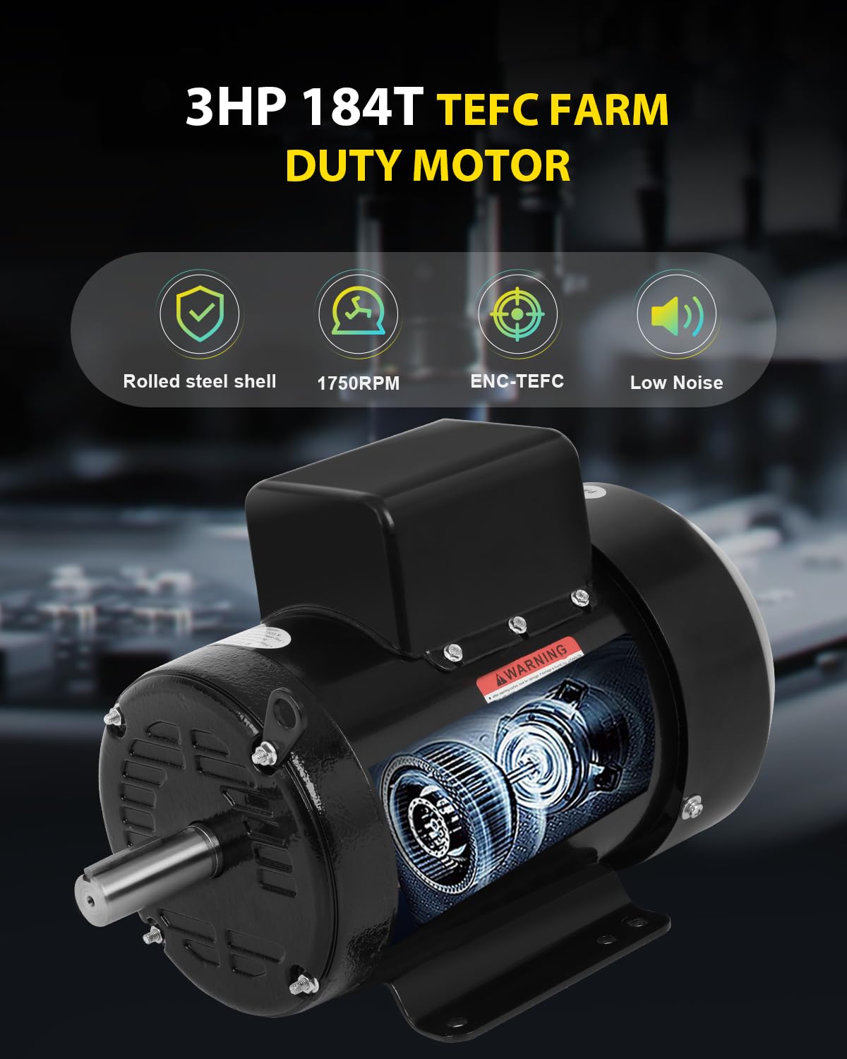 3HP Electric Motor 1750RPM Farm Duty Single Phase Motor 4 Pole 1-1/8" Shaft Diameter, 2.75" Shaft Length,184T CW/CCW TEFC IP55 60HZ