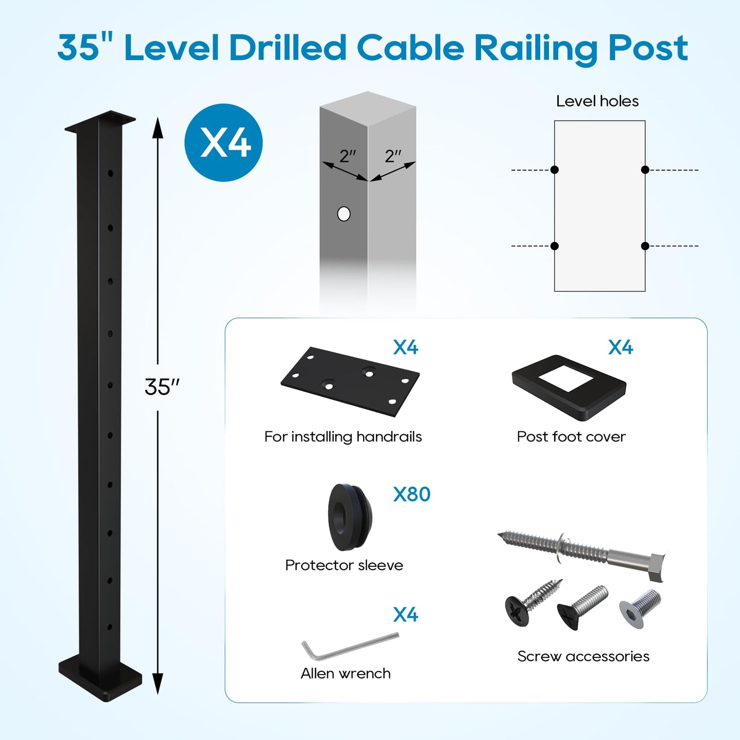 Level Drilled Cable Railing Post 36" (35"X2"x2"), Stainless Steel Black Square Deck Railing Post Flat Bracket, Pre-Drilled Level Holes Railing Post for Horizontal Cable System, Surface Mount Posts(4P)
