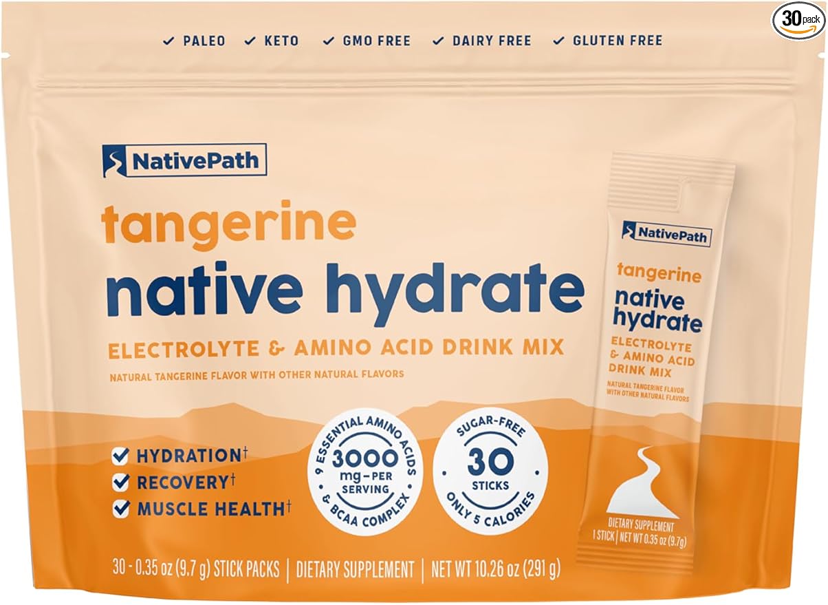 NativePath Native Hydrate Stick Packs, Sugar Free Electrolytes Powder with BCAAs, Tangerine Hydration, Keto & Paleo Friendly, 30 Servings