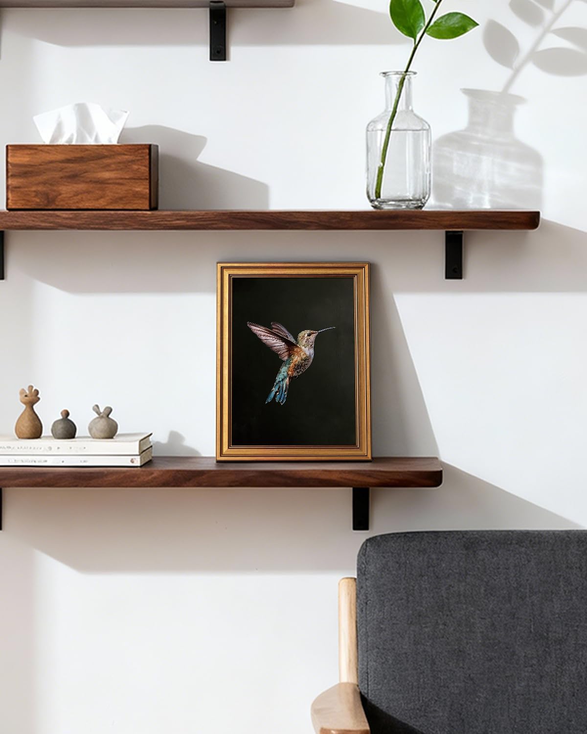 VIYYIEA Gold Framed Canvas Wall Art - Dark Hummingbird Photo Art Print for Home Decor | 12x16 Inch