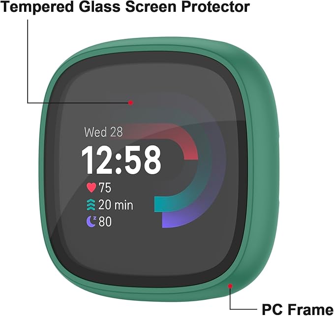 Vancle Case for Fitbit Versa 4 / Fitbit Sense 2, 4-Pack Screen Protector Tempered Glass Full Around Hard PC Case with Sensitive Touch Film Protective for Fitbit Sense 2 / Versa 4(Black + Starlight + Navy Blue + Dark Green)