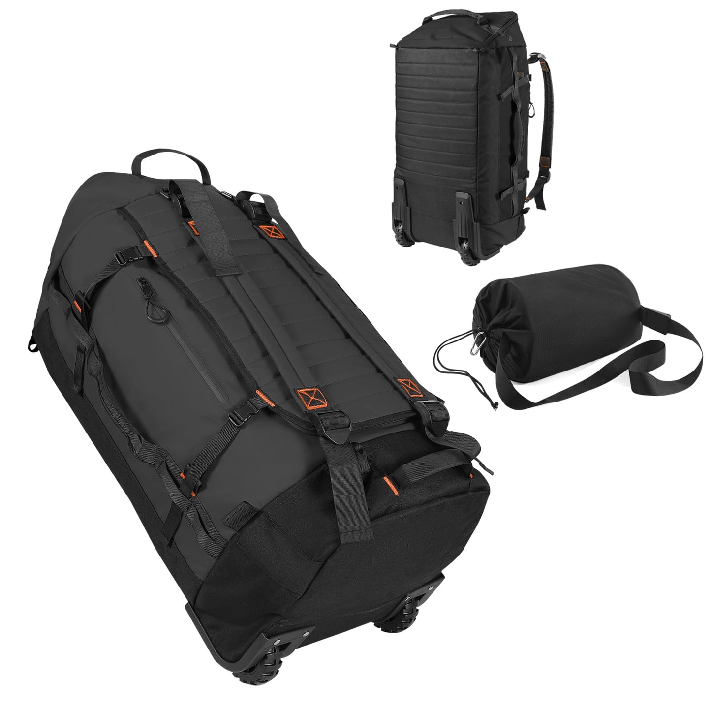 Vrtisa 85L 29“ Foldable Rolling Backpack with Wheels, Soft-side Travel Duffle Bag with Separate Shoe Compartment, Full Quilted Bottom,Black
