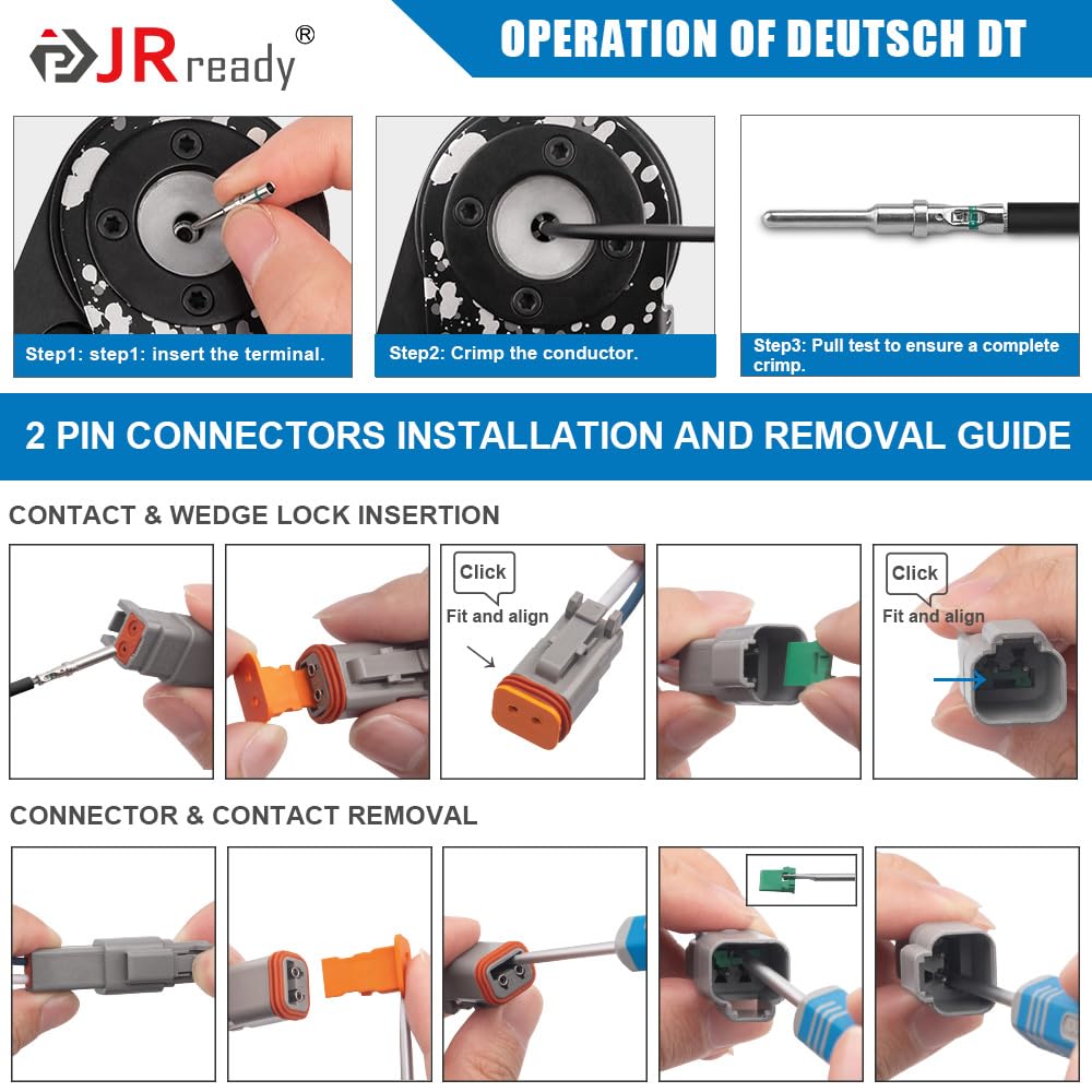JRready Deutsch Connector 2 Pin Connector Kits with Size 16 Solid Contacts(14-20AWG), ST6328-2 DT Series Waterproof Connector 2 Pin 5 Sets and Deutsch Pin Removal Tool DRK-RT1B with Mounting Clips