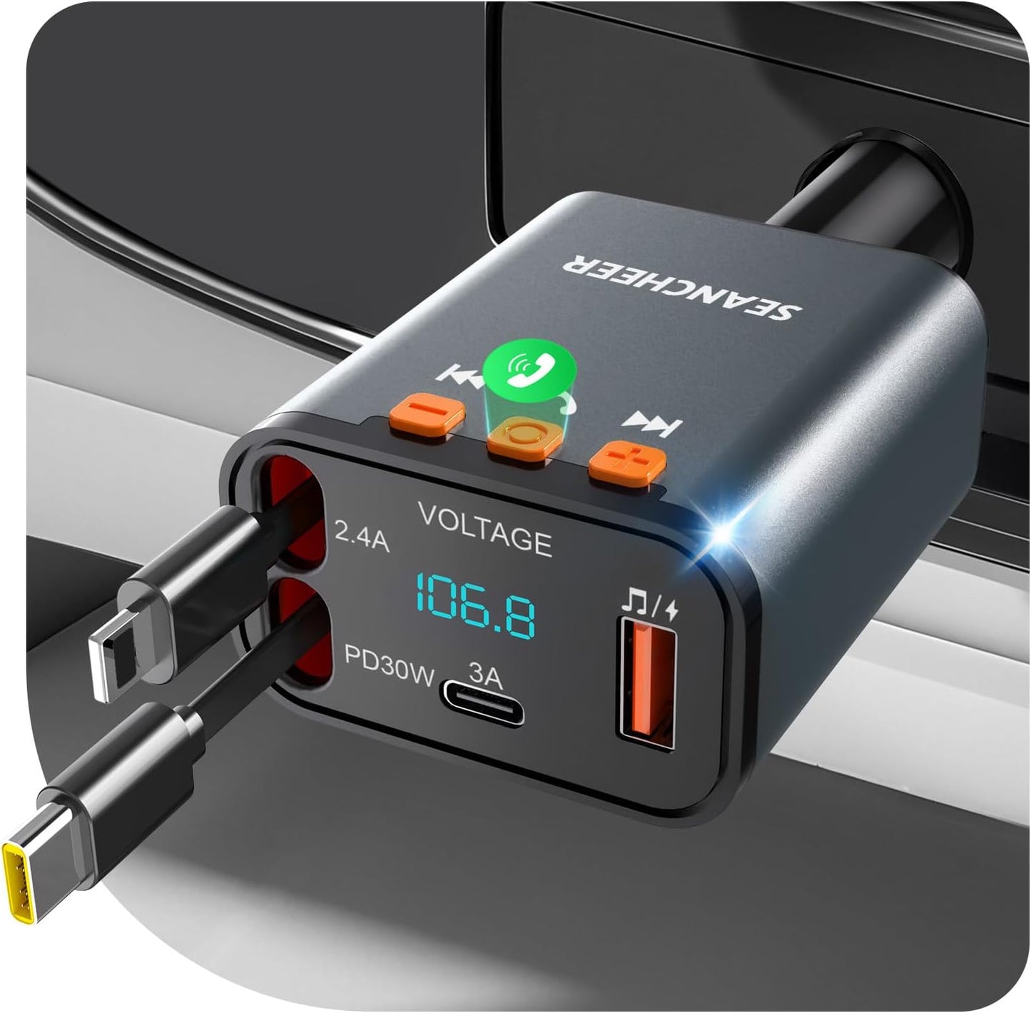 SEANCHEER 69W 2 5.3 Call,MP3 Car Bluetooth Adapter & Car Charger USB C, Cigarette Lighter Adapter with Retractable