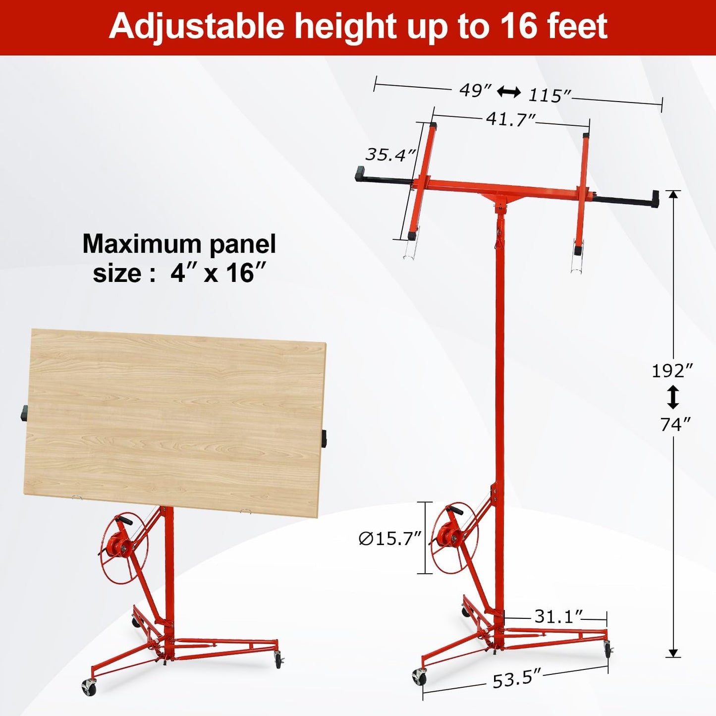 ELOMBR 16FT Drywall Lift Sheetrock Lift, 150LBS Capacity, Drywall Lift Panel Hoist with Telescopic Arm, Drywall Jack Lift with 3 Lockable Wheels for Home Improvement Classic, 4'x16' Panel Size, Red
