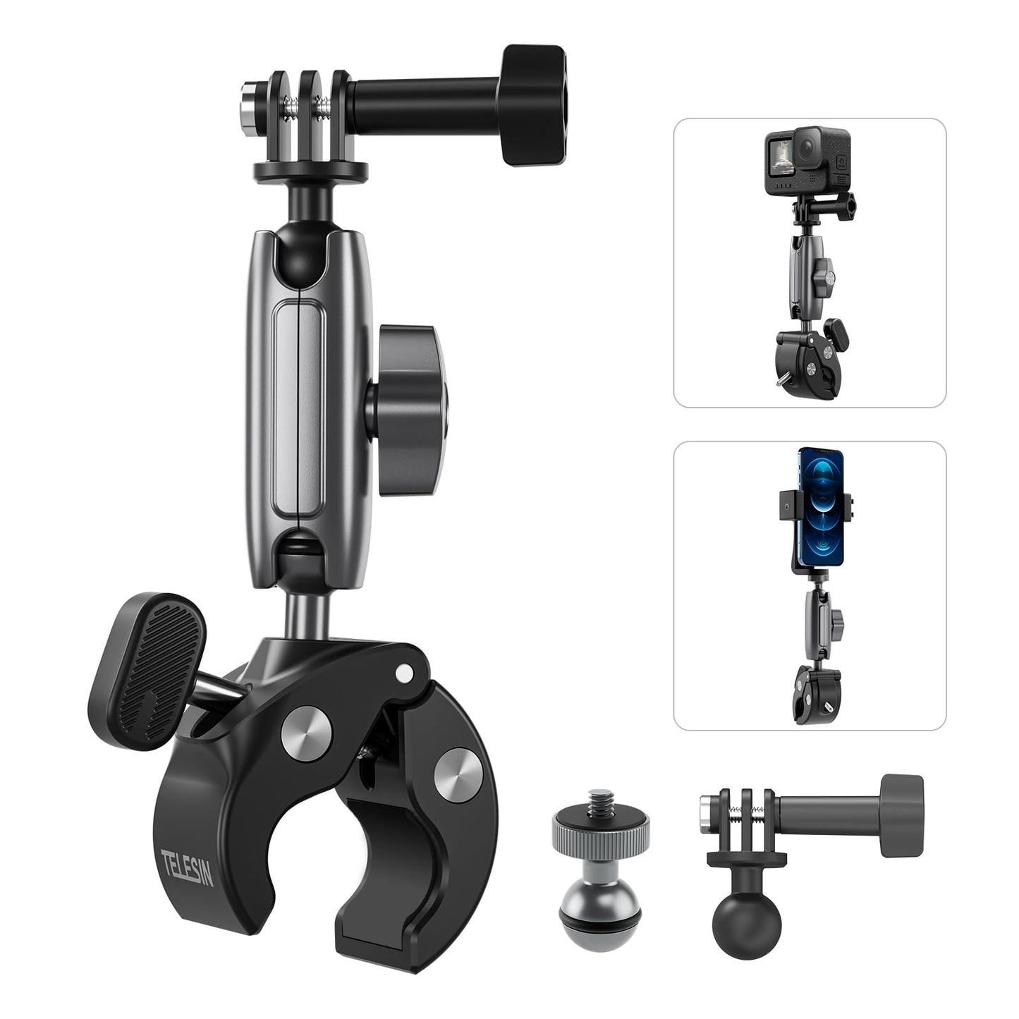 TELESIN Super Clamp Camera Mount with 360° Dual Ball Head, Bike/Bicycle/Motorcycle Handlebar Mount for DJI Osmo Pocket 4/ DJI Osmo Action 6/ Action 5 Pro/Osmo Nano/Action 4/Hero 13 12 11/Insta 360 X5