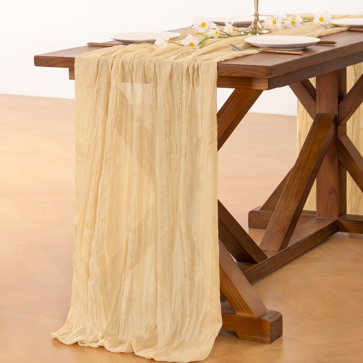 Socomi Gold Champagne Cheesecloth Table Runner - 120 Inch Sheer Gauze for Weddings & Parties