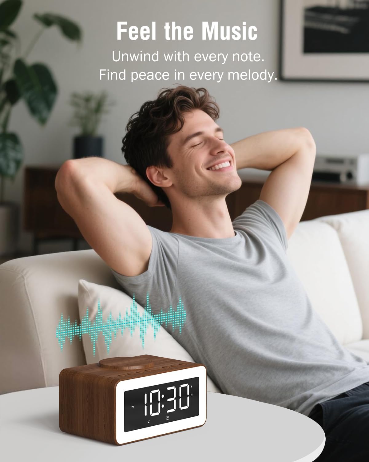 Alarm Clock with Wireless Charging, Bluetooth Speaker, White/Brown Noise Sound Machine Night Light, Wooden Digital