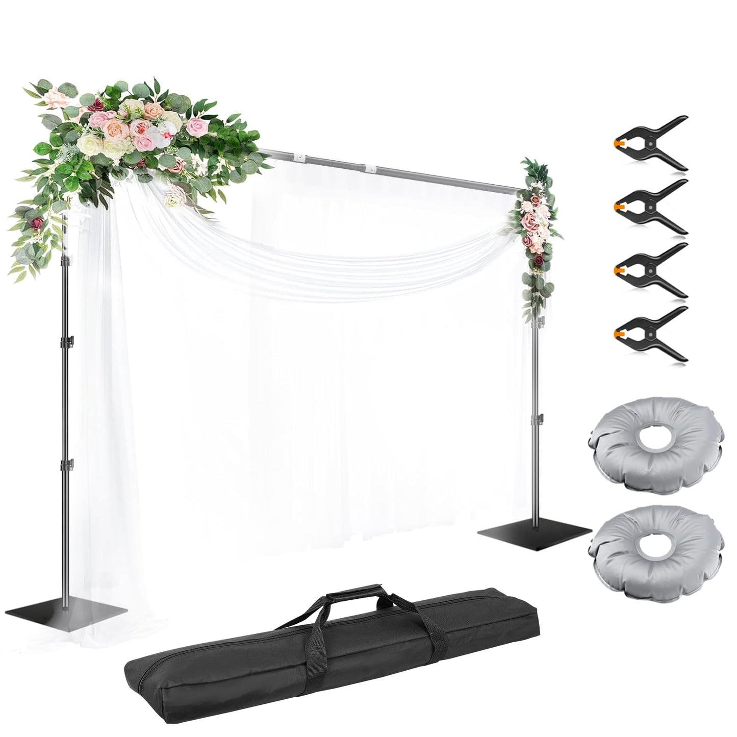 EMART Backdrop Stand, 10x10ft Width Adjustable Photography Background Support Poles with Heavy Duty Flat Base, Photo Metal Steel Pipe and Drape Frame Kit for Parties Birthday Wedding - Black