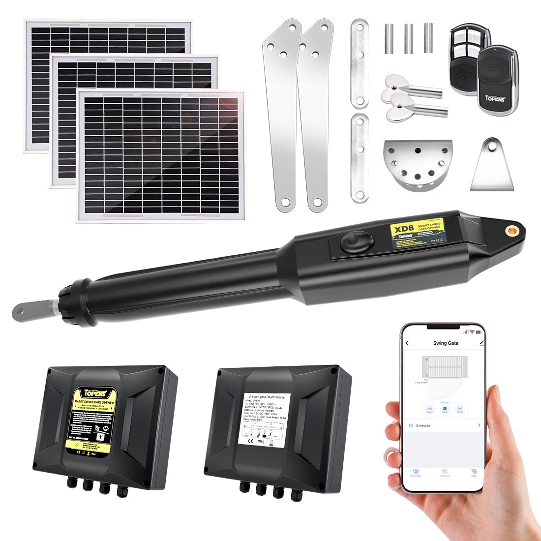 TOPENS XD851S Smart Gate Opener for Heavy Duty Solar Single Swing Gates Up to 18ft, Automatic Gate Opener with App Control AC Powered with Remote Control Kit Solar Panel Included