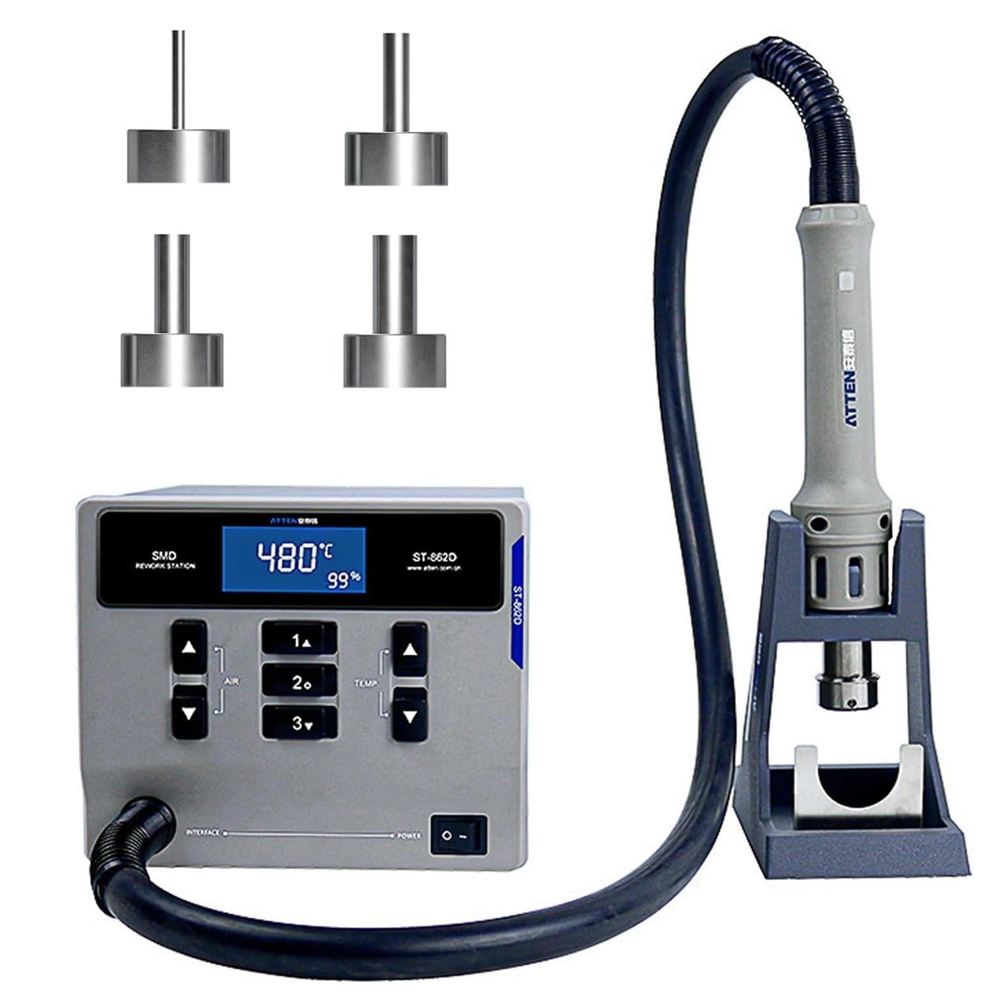 Hot Air Rework Station, ATTEN ST-862D 1000W Hot Air Station, Hot Air Soldering Station of the Desoldering Gun can be used for BGA Chip Soldering, Repair Digital, Air Volume Adjustment Range 1-120