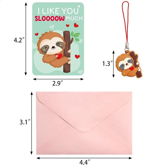 Fancy Land 30-Pack Sloth Valentine's Day Cards - Fun Classroom Gift Set for Kids with Keychains