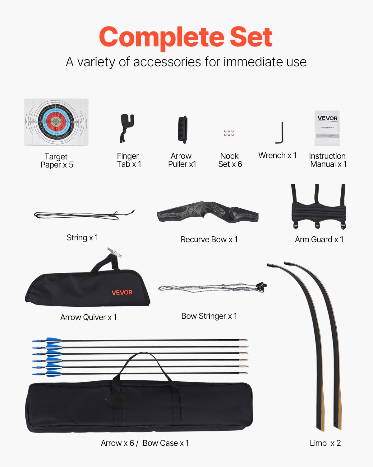 VEVOR Recurve Bow and Arrows Kit, 60 inch Wooden Takedown Bows, Right Handed Ergonomic Archery Recurve Bow Package, Longbow for Outdoor Target Training Practice Hunting, Beginners to Advanced