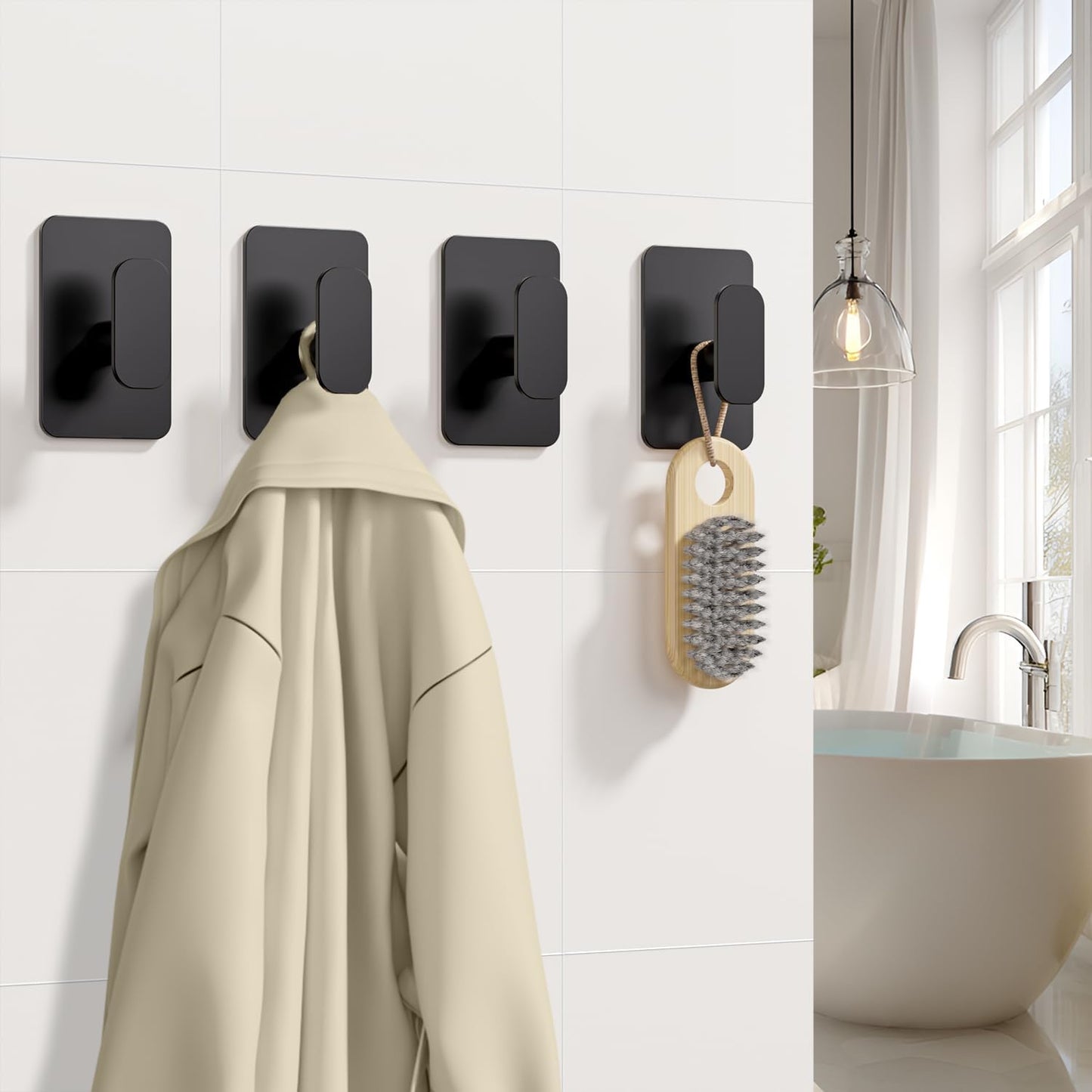 Skiennix Heavy Duty Self-Adhesive Hooks - 26lb Capacity, Waterproof & Rustproof Stainless Steel | Black, 4 Pack for Towel, Coat, Robe