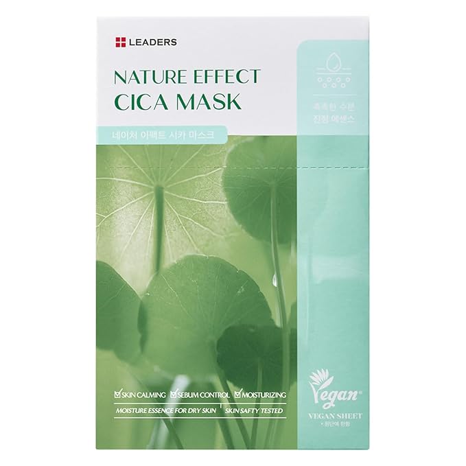 LEADERS Nature Effect Cica Mask ??Hydrating & Soothing Face Mask with Cica & Tea Tree Extracts for Healthy Skin, Skin Calming & Moisturizing, Vegan & Plant-Derived, Sebum Control - 10 Sheets