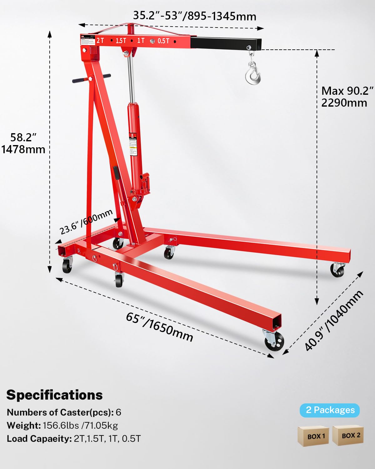 2-Ton Shop Crane, Hydraulic Folding Engine Hoist w/6 Steel Casters - Lift Car Transmissions, Boat Motors, Farm Equipment (Net Wt. 157 lbs)