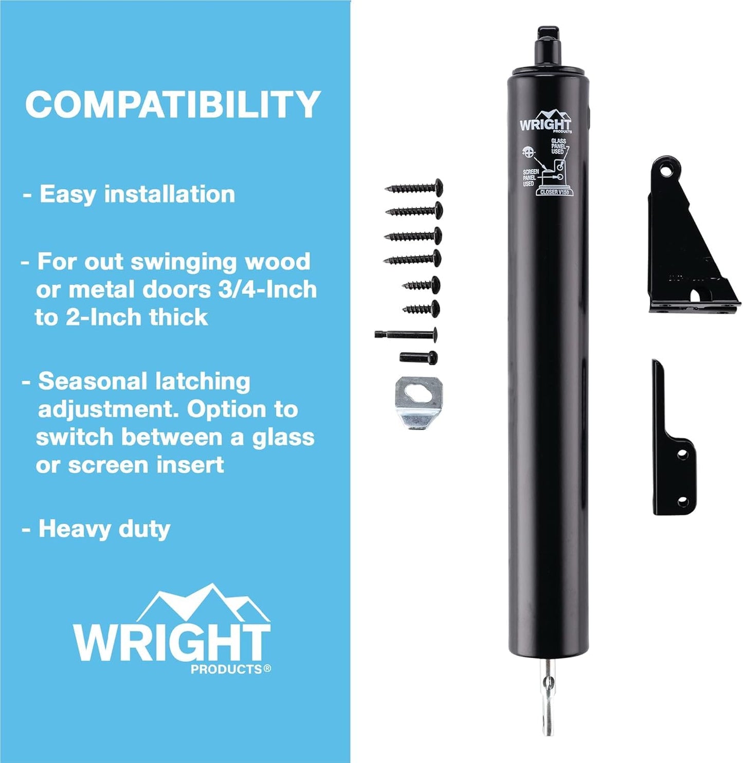 Wright Products Heavy-Duty Pneumatic Storm Door Closer – Durable, Adjustable, Quiet-Closing with Hold-Open Feature (Transitional, Black)